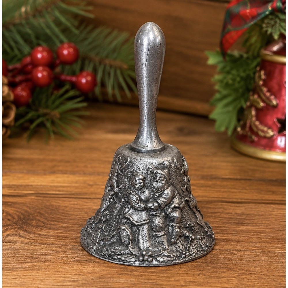 Vintage Pewter Port Christmas Bell Santa Elves Reindeer Holiday Collectible USA
